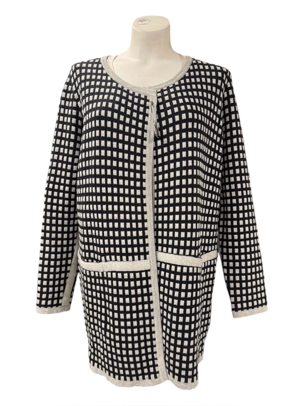 Elena Wang Black & Cream Grid Open-Front Cardigan Jacket Size S